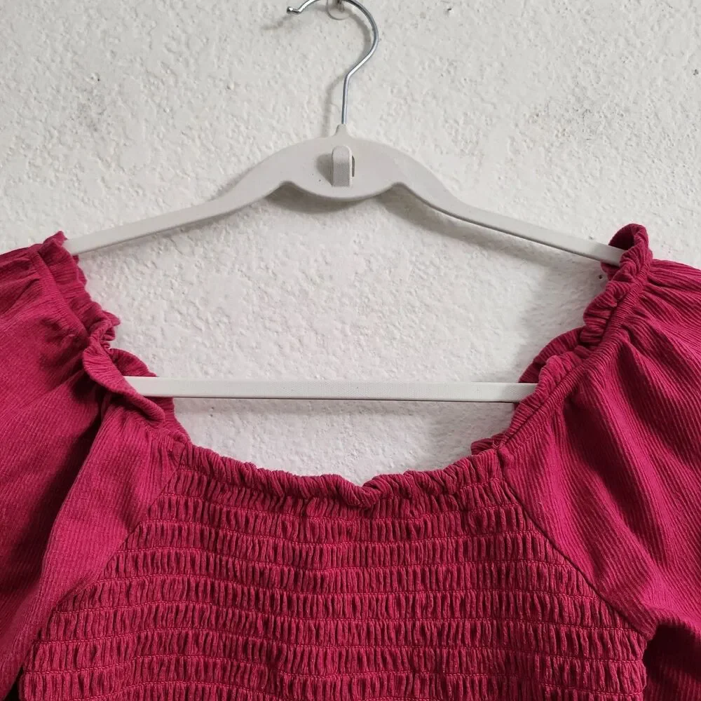 Free People Brenyce Blouse XS Pink Smocked Crop Top Boho Ruffled Jungle‎ Flower